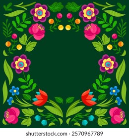 Frame with pretty flowers. Beautiful decorative natural plants and leaves.