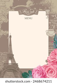 Marco para la lista de Precios de un menú de restaurante sobre la temática de Francia con la Torre Eiffel de París y rosas rosas rosas en estilo retro vintage. Imitación del texto de una nota de amor Lorem Ipsum