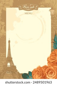 frame for the price list of a restaurant menu on the theme of France with the Paris Eiffel Tower and pink roses in retro vintage style. imitation of the text of a love note Lorem Ipsum