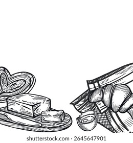 A frame of products, fresh pastries, a bun, a croissant, a tablecloth, a chicken egg, butter. The illustration is suitable for printing on fabric, paper, and breakfast menu design.