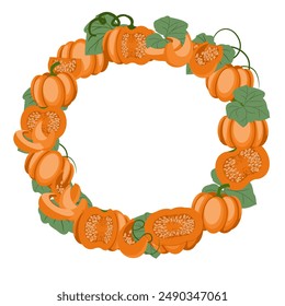 frame with a pumpkin. a lot of ripe pumpkins are placed in a round frame. vector illustration of juicy mature pumpkins, drawn in whole and in parts in a cartoon style, with a white empty space