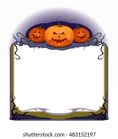 Frame with pumpkin and tree roots on a white background. Festive decoration for Halloween. Group of characters with various facial expressions. 