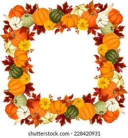 Frame with pumpkins and autumn leaves. Vector illustration.