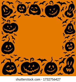 Frame of pumpkins and bats for Halloween. Image for your design: postcard, poster, banner. Vector illustration. Copy space. Template for your inscription. Image in black and orange color. Decoration.