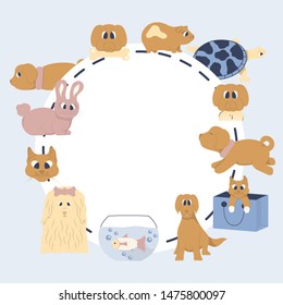 Frame with puppy, kitten, hamster, bunny, turtle for pet shop banner. Line vector background for vet store. Template border for veterinary clinic concept design with dogs and cats.