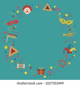 Frame with purim holiday flat design icons. Template with space for text, isolated on background. Vector eps10 illustration.