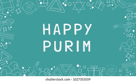 Frame with purim holiday flat design white thin line icons with text in english "Happy Purim". Template with space for text, isolated on background. Vector eps10 illustration.