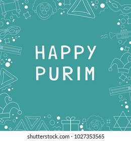 Frame with purim holiday flat design white thin line icons with text in english "Happy Purim". Template with space for text, isolated on background. Vector eps10 illustration.
