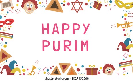 Frame with purim holiday flat design icons with text in english "Happy Purim". Template with space for text, isolated on background. Vector eps10 illustration.