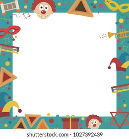 Frame with purim holiday flat design icons. Template with space for text, isolated on background. Vector eps10 illustration.