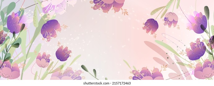 Frame with purple flowers and green branches on a delicate pink-blue background with space for text in the center. Modern invitation card in a naive style. Use  as banners, invitations, sales