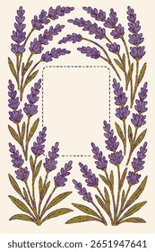 A frame with purple lavender and green leaves on a white background