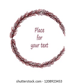 Frame with purple,red and pink branches and leaves.Decoration for greeting card,wedding invitation,save the date.Wreath with space for your text