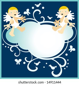 Frame to put text in the center with two angel boys and doves and butterflies and floral style