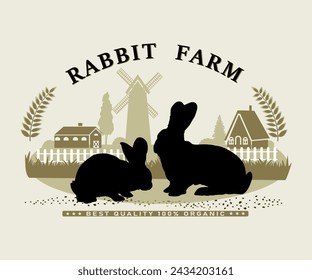 Frame with rabbit farm objects silhouettes and text for product labels. Vector illustration.	