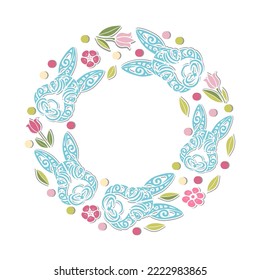 Frame with rabbits and flowers on white background. Rabbit is the symbol of 2023 New Year. Place for text. Vector illustration.