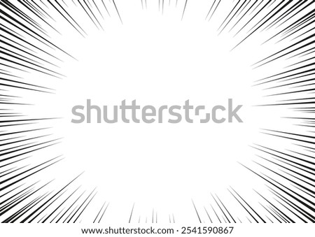 Frame of radial black lines or rays. Comic book. Manga. The effect of speed, battle or explosion. Powerful. Dynamic superhero action. Template. Vector illustration on white background.