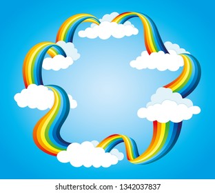 Frame from rainbow and clouds on blue background.