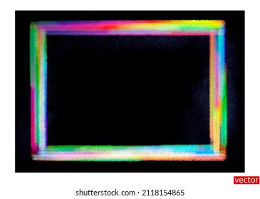 Frame. Rainbow frame isolated on black background. Multicolored paint strokes. Holi holiday card. Blank area for text, presentation. Black background texture. Chalk drawing frame. Vector