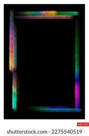 Frame. Rainbow frame isolated on black background. Multicolored paint strokes. Holi holiday card. Blank area for text, presentation. Black background texture. Chalk drawing frame. Vector