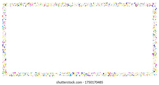 Frame rainbow party polka. Explosion background of bright confetti. Geometric ink color dot. Abstract random art for celebratory design,  wedding theme, card, banner, gift packaging, poster. Vector