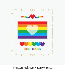 Frame rainbow pride flag with white heart at center and pride hearts colorful emblems
