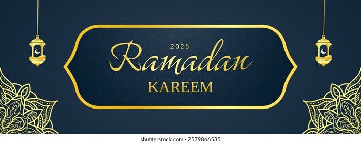 frame ramadan kareem islamic banner design with gold mandala and arabic lantern. dark blue gradient