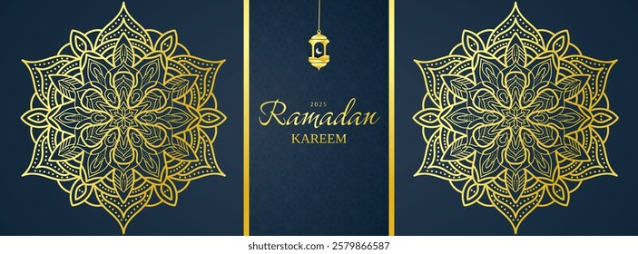 frame ramadan kareem islamic banner design with gold mandala and arabic lantern. dark blue gradient