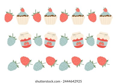 Frame with raspberries, jam and cupcake in flat style. Set decorative frame, border on a transparent background. Food.
