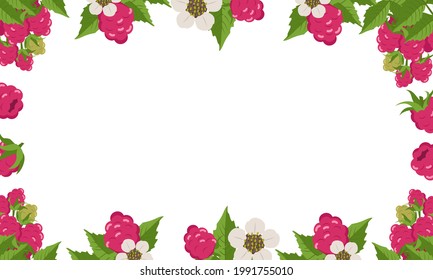 Frame with raspberries, leaves and white flowers on a white background. Bright berry square pattern. Summer food banner