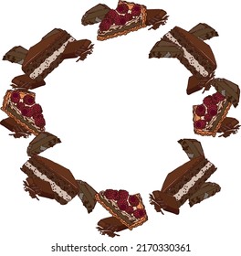 A frame of raspberry pies, chocolate cupcakes and berries with an outline. Brown, chocolate pieces, pie and cake slices, eps ready to use. For your design