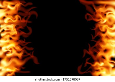 Frame of realistic fire on a black background. Vector illustration. Burning design.