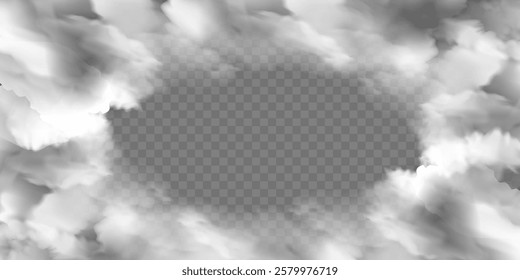 Frame of realistic fog or smoke with transparent special effect. White vector mist, smog border. Vector illustration