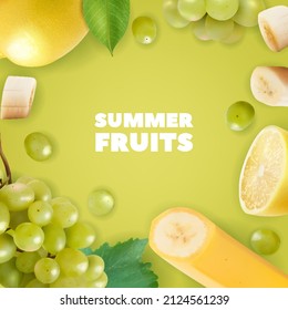 frame of realistic fruits banana, grapes, lemon. Vector illustration - Shutterstock ID 2124561239