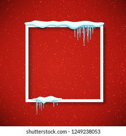 Frame with realistic snow and icicles. Beautiful winter template for merry christmas. Vector illustration.