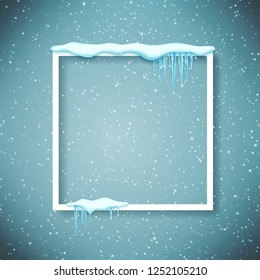 Frame with realistic snow and icicles. Beautiful winter template for merry christmas. Vector illustration.
