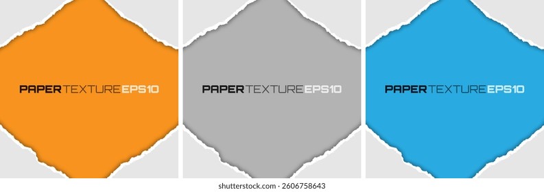 Frame with a realistic torn paper edge. Lacerated white paper page border with a soft shadow. Ripped colorful banner. Vector illustration.