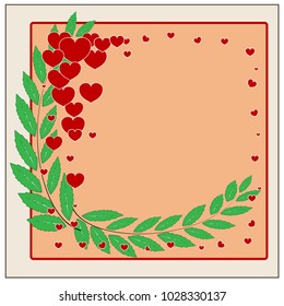 Frame rectangle heart and twig card. Fashion graphic background. Modern stylish abstract texture. Colorful template for prints, textiles, wrapping, wallpaper, etc. Design element. Vector illustration