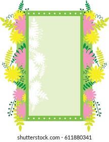 Frame rectangular with abstract flowers and leaves. Border floral decoration. Vertical portrait orientation. Text placeholder.