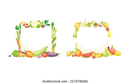 Frame of rectangular and square shape made of vegetables set. Templates with fresh organic healthy food and copy space vector illustration