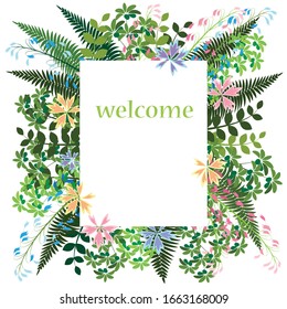 the frame is rectangular with wild flowers in a rustic style. it can be used as a template for an invitation to a rustic wedding, a summer outdoor party, or a picnic. vector illustration. EPS 10