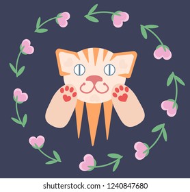 frame red cat and flowers