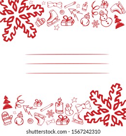 frame with red Christmas elements, large snowflakes, vector illustration in modern style, handwritten, postcards, banners, notebooks, gift