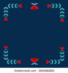 Rahmen mit roten Blumen. Vektorblaue Vorlage mit volkstümlichen Zierrahmen. Flaches Design für Einladung, Grußkarte.
