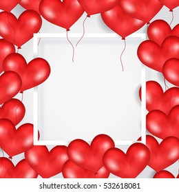 Frame With Red Flying Balloons In Form Of Heart. White Background. Place For Text. For Wedding, Postcard, Anniversary, Birthday, Valentine's Day, Party Invitations, Scrapbooking. Vector Illustration