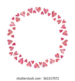Frame of red hearts on white background. Template for invitation, card, greeting card, wedding design. Vector illustration.