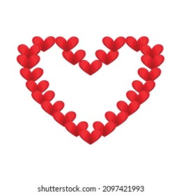 Frame of red hearts in the shape of a heart. Valentines hearts. Vector symbols of love in shape of heart for Happy Valentine's Day. Heart shaped vector in red.