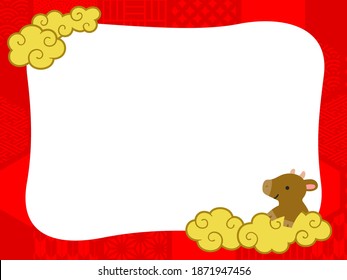 Frame of red hexagons with various Japanese pattern, golden clouds and brown cow illustration for the New Year of the Ox in Japan