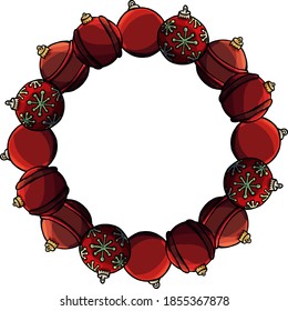 Frame of red New year balls, cartoon style, round frame, New year, Merry Christmas, december, text space, copy space, invitation, card, celebration, postcard, template, banner, greeting, toy balls