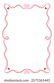 Frame with red and pink heart decorations and wavy lines on a white background. Romantic border design for Valentine’s Day. Flat lay template with copy space for design and print